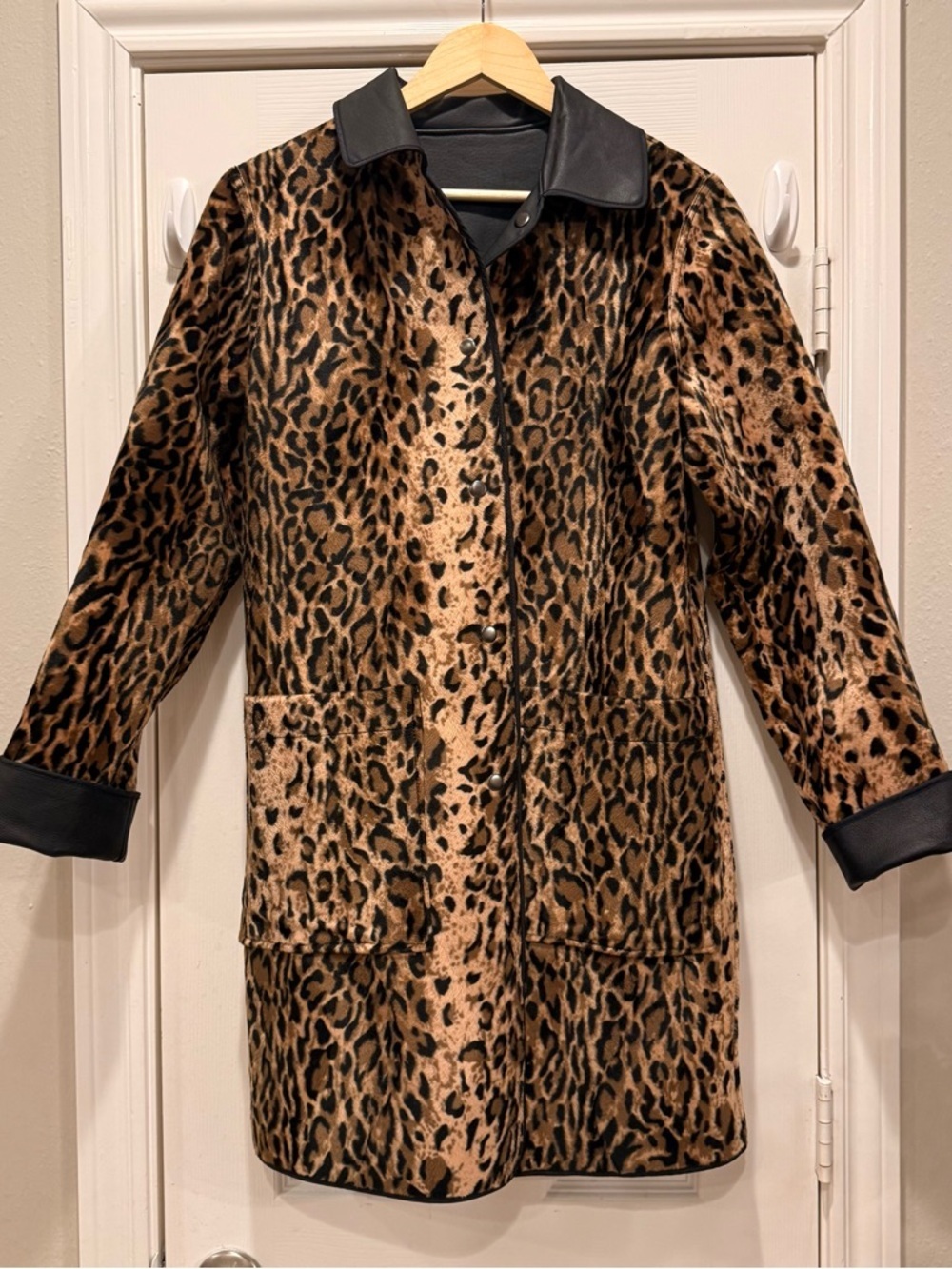 VTG 90s Newport News Leather Reversible Cheetah Longline Trench Coat Sz Small - Picture 2 of 9